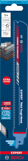 Blå förpackning med Bosch sticksågblad, modell "Expert Thick Tough Metal S 1150 CHC".