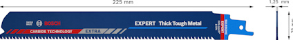Blå sågklinga med text "Bosch Expert Thick Tough Metal", 225 mm lång, 1,25 mm tjock.