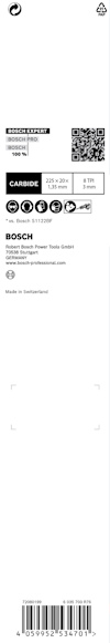 Vit förpackning med etikett som har Bosch-logotyp, QR-kod och texten "Carbide 23-105 mm, Made in Germany".