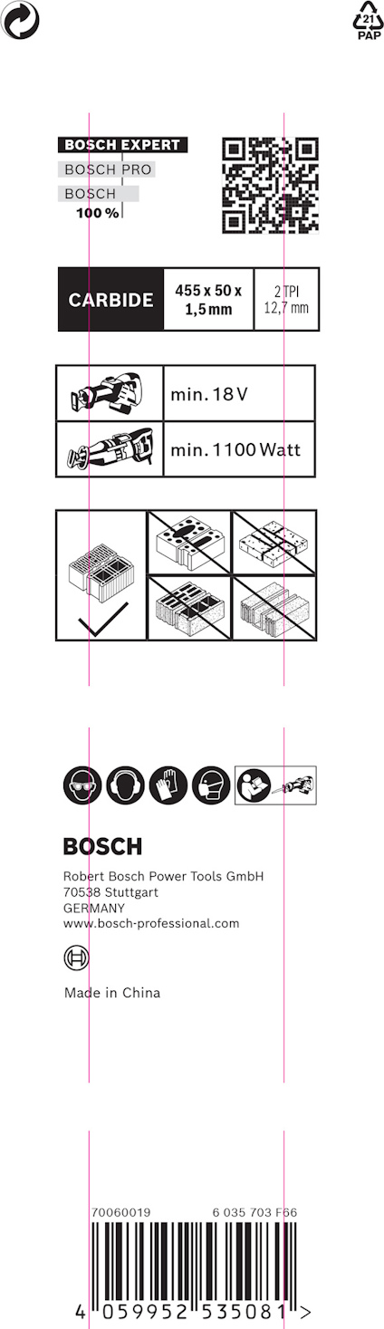 Förpackning för Bosch sågklinga, inkluderar logotyp, QR-kod, och specifikationer som "CARBIDE", "4551B", "min. 18V", "min. 1100 Watt".