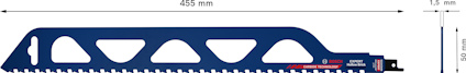 Blått sågblad med triangulära utskärningar, märkning 455 mm och 1,5 mm.