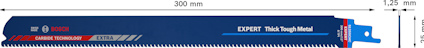 Blå sågklinga med text: "Bosch Expert Thick Tough Metal", mått 300 mm längd och 1,25 mm tjocklek.