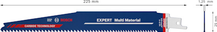 Blå och röd sticksågklinga, Bosch Expert Multi Material, 225 mm lång, 1,25 mm tjock.