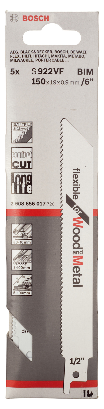 Förpackning med Bosch S 922 VF flexibel tigersågblad för trä och metall, 150 mm.