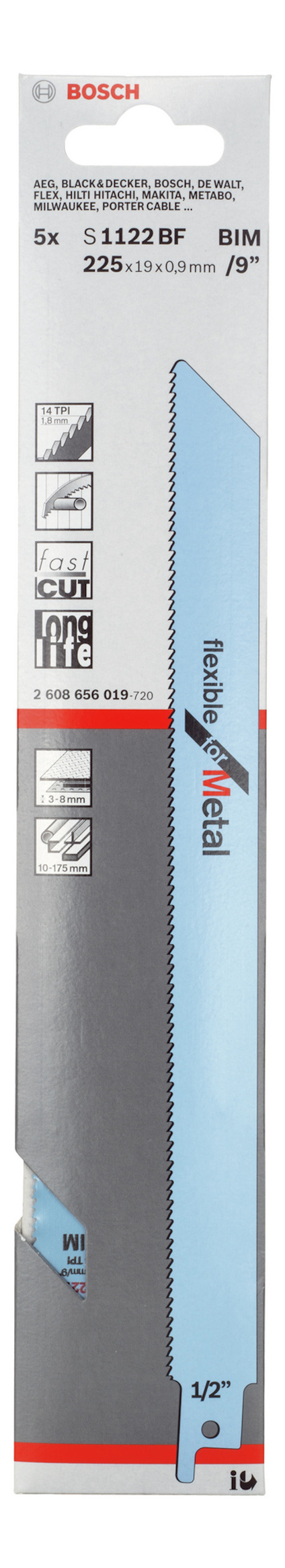 Förpackning med fem Bosch BIM sågblad för metall, modell S1122BF, 225 x 19x0,9mm.