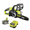 Grön och svart batteridriven motorsåg med laddare och batteri. Märkt med "Ryobi" och "Brushless".