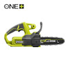 Grön och svart kedjesåg med text "RYOBI" och "18V ONE+" på motordelen, samt tandad sågkedja.