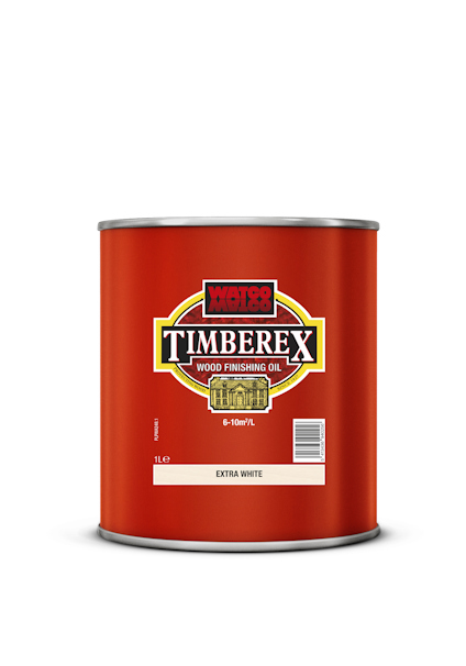 Burk med röd etikett, texten "Timberex Wood Finishing Oil Extra White".