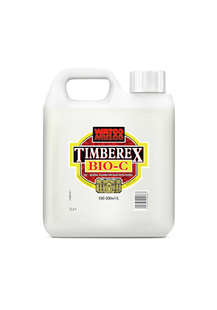 Förpackning med Timberex Bio-C golvrengöring, vit plastdunk med etikett i svart och gul. Rymmer 1 liter.