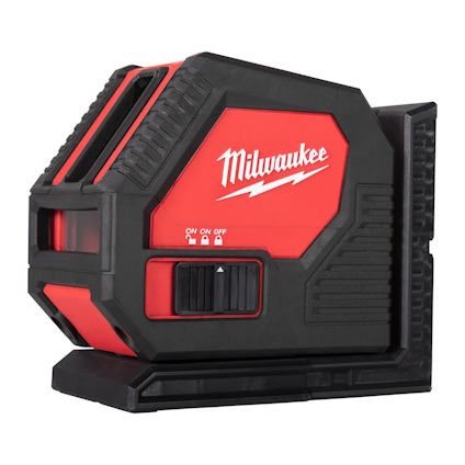 Röd och svart lasernivå med texten "Milwaukee" på sidan och en av/på-switch.