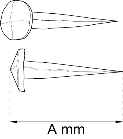 Ritning av en spik från två vinklar, med längd markerad som A mm.