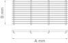 Diagram över ett rektangulärt galler med måtten A mm x B mm, visad framifrån och från sidan.