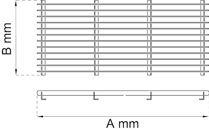 Diagram över ett rektangulärt galler med måtten A mm x B mm, visad framifrån och från sidan.