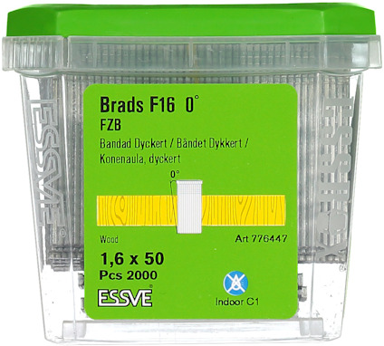 Grön plastförpackning med 2000 spikar, märkt "Brads F16 0° FZB", "1,6 x 50 mm", Essve.