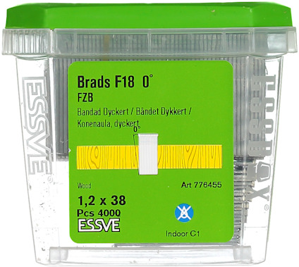 Förpackning med brädspik, text: "Brads F18 0°, 1,2 x 38, Pcs 4000, Art 776455, Indoor C1, Wood".