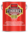 Röd burk med texten "TIMBEREX Wood Finishing Oil" och kapaciteten "12-15m²/L", samt beskrivning på flera språk.