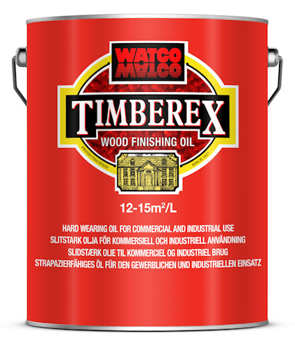 Röd burk med texten "TIMBEREX Wood Finishing Oil" och kapaciteten "12-15m²/L", samt beskrivning på flera språk.