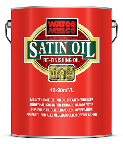 Röd plåtburk med texten "WATCO Satin Oil Re-Finishing Oil".