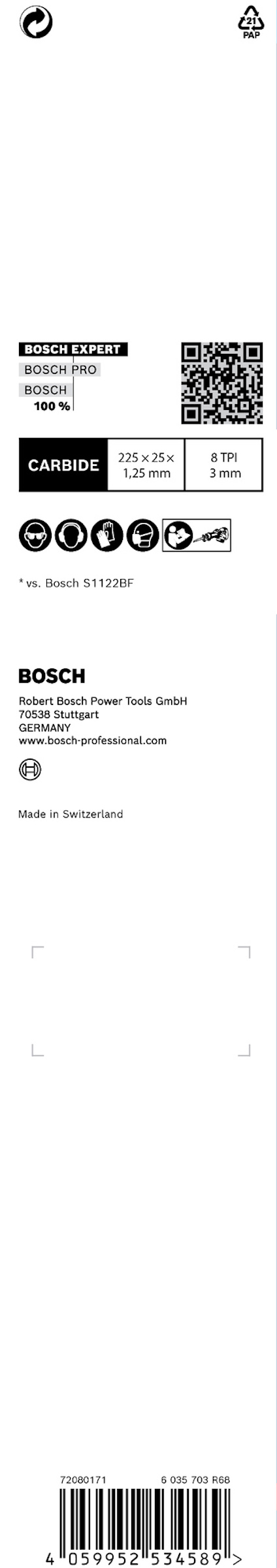 Förpackning med Bosch carbide multiconstruction borr; innehåller QR-kod, produktinformation och streckkod.