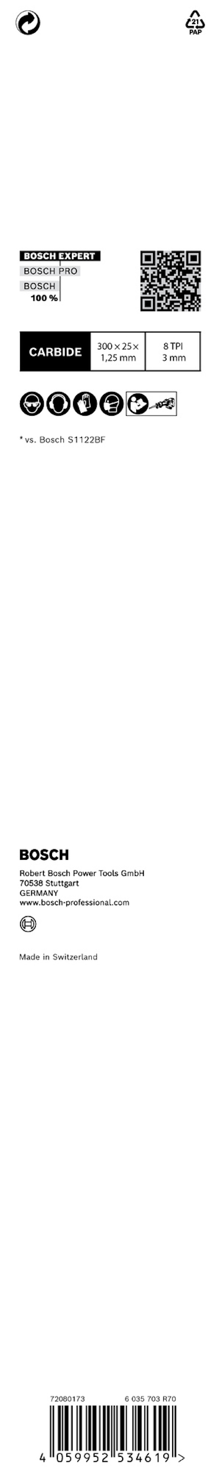 Etikett med Bosch-logotyp, QR-kod, text "10 pcs", och olika certifieringar.