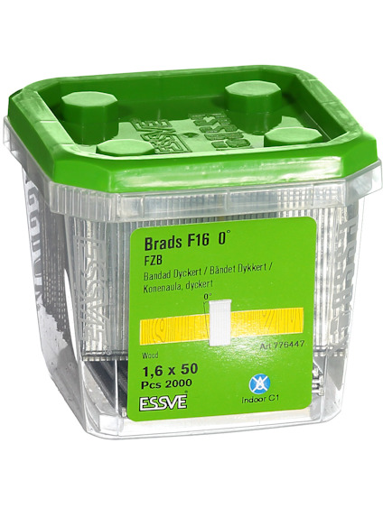 Förpackning med bandad dykert för trä, modell Brads F16, 1,6 x 50 mm, 2000 st, grön lock.